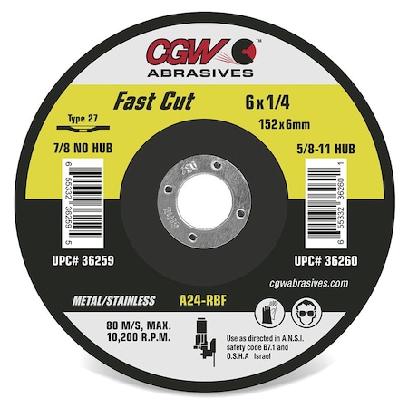 Cgw Abrasives CGW Abrasives 35623 Depressed Center Wheel 4-1/2" x 1/4" x 5/8 - 11 Type 27 24 Grit Aluminium Oxide 35623